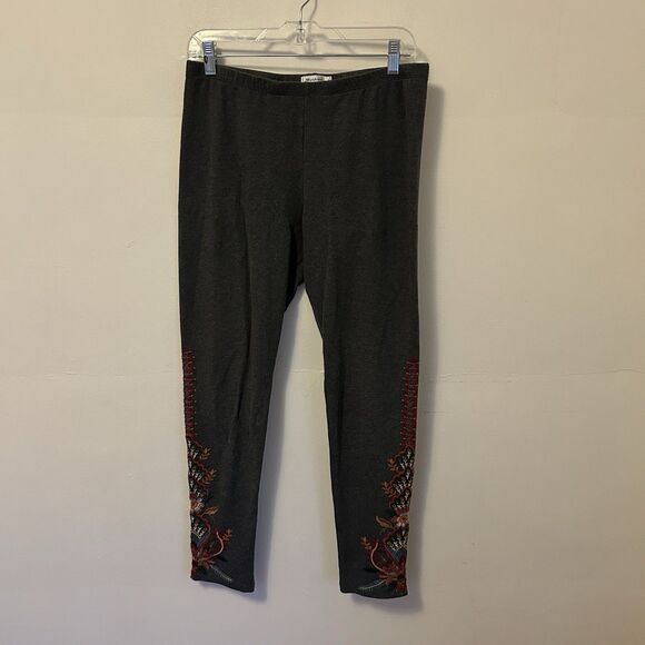 Johnny Was Embroidered Leggings Gray Stretch Medium JW‎ Los Angeles Cotton Boho - Picture 1 of 8